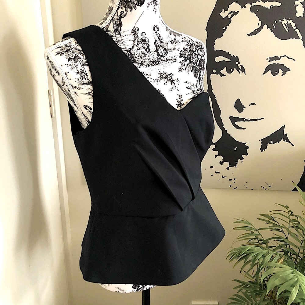 SABA Matte Black One Shoulder Top Glam Peplum Cotton Fit&Flare Lined Size 12 NWT - Picture 3 of 16